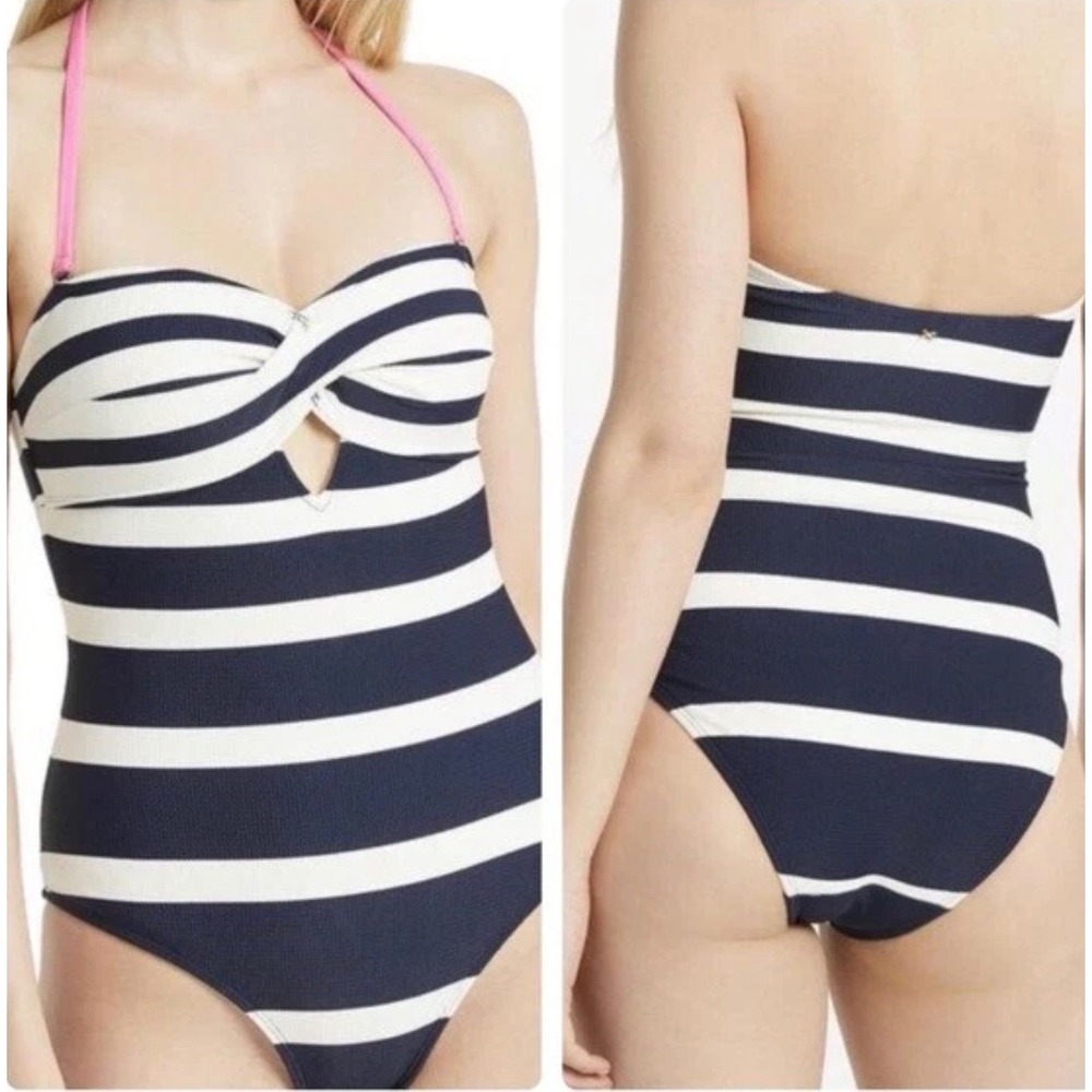 Ted Baker Cirana Women's Medium 8 Textured Bandeau One-Piece Swimsuit Navy Cream